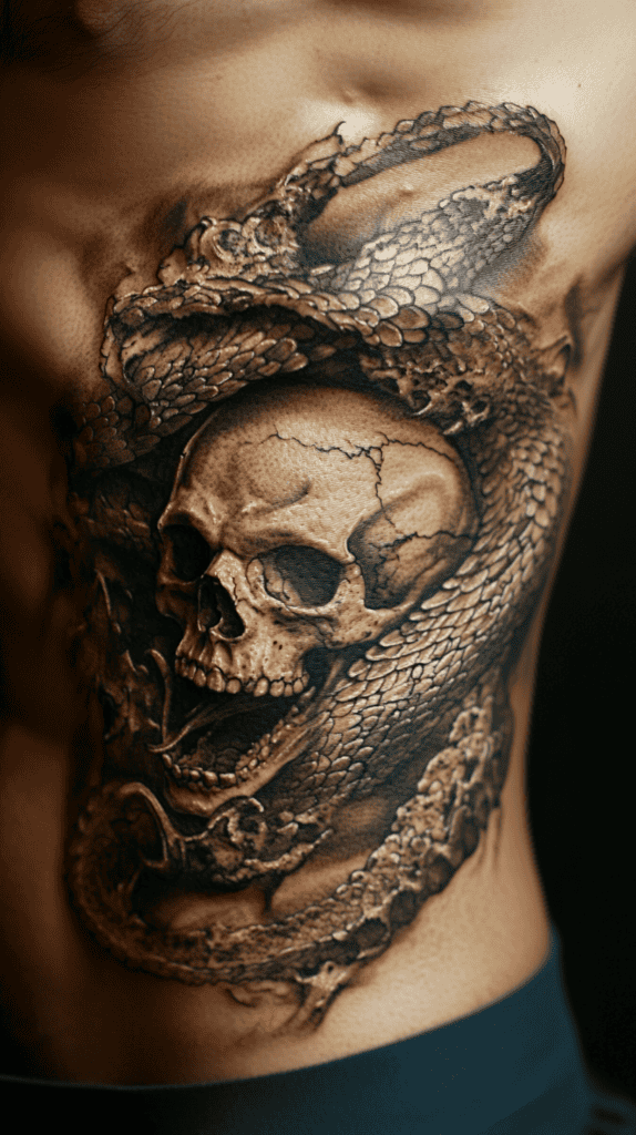 25 Rib Tattoos for Men Worth Considering 50 Serpent and Skull 2