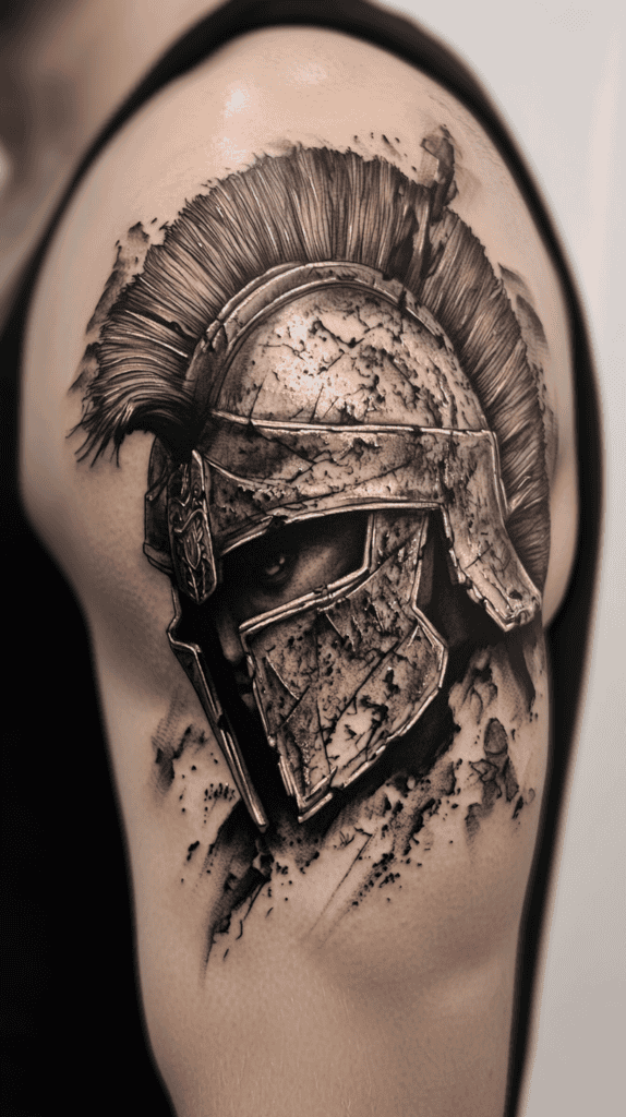Unlock Your Next Ink: 25 Epic Upper Arm Tattoo Ideas for Men 30 Spartan Helmet 2