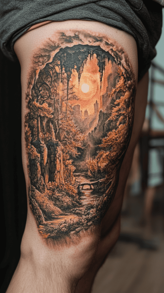Feeling Bold? Try These 25 Killer Thigh Tattoo Ideas for Men 53 Surreal Landscape