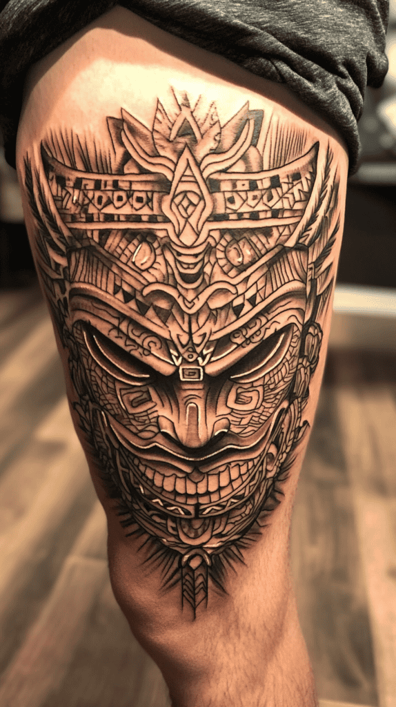 Feeling Bold? Try These 25 Killer Thigh Tattoo Ideas for Men 35 Tribal Warrior Mask