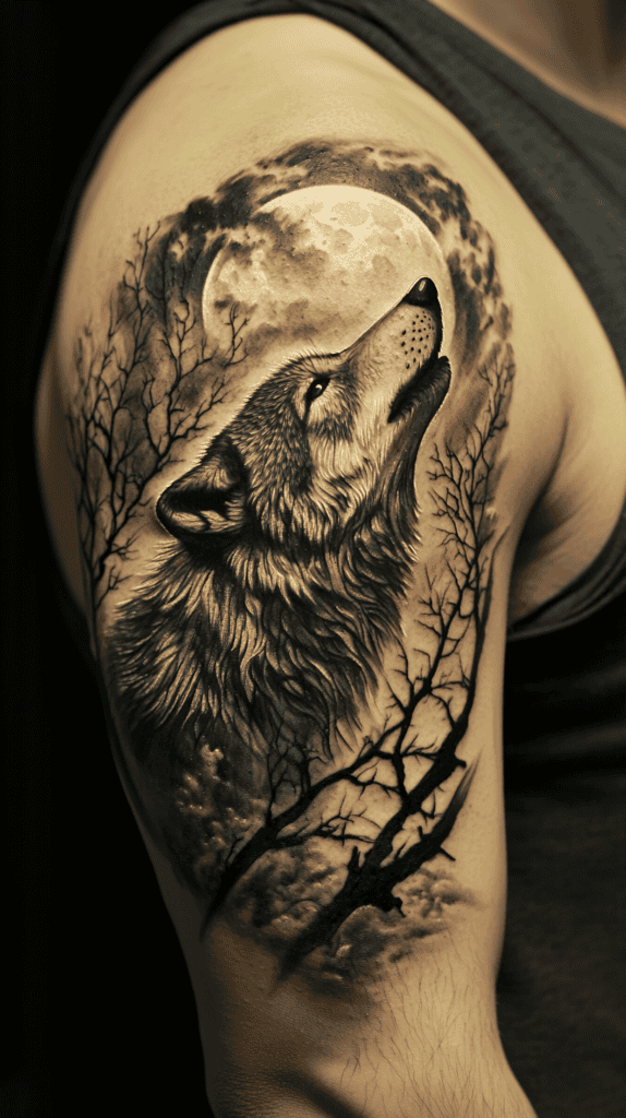 Unlock Your Next Ink: 25 Epic Upper Arm Tattoo Ideas for Men 23 Wolf Howling at Moon