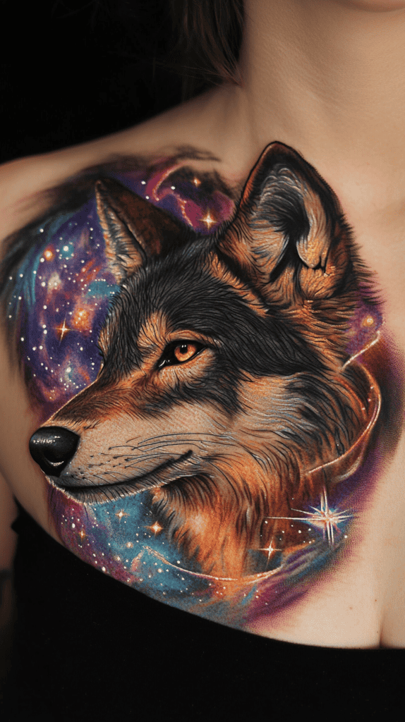 Explore 15 Female Wolf Tattoos That Symbolize Power and Grace 25 Celestial Guardian 2