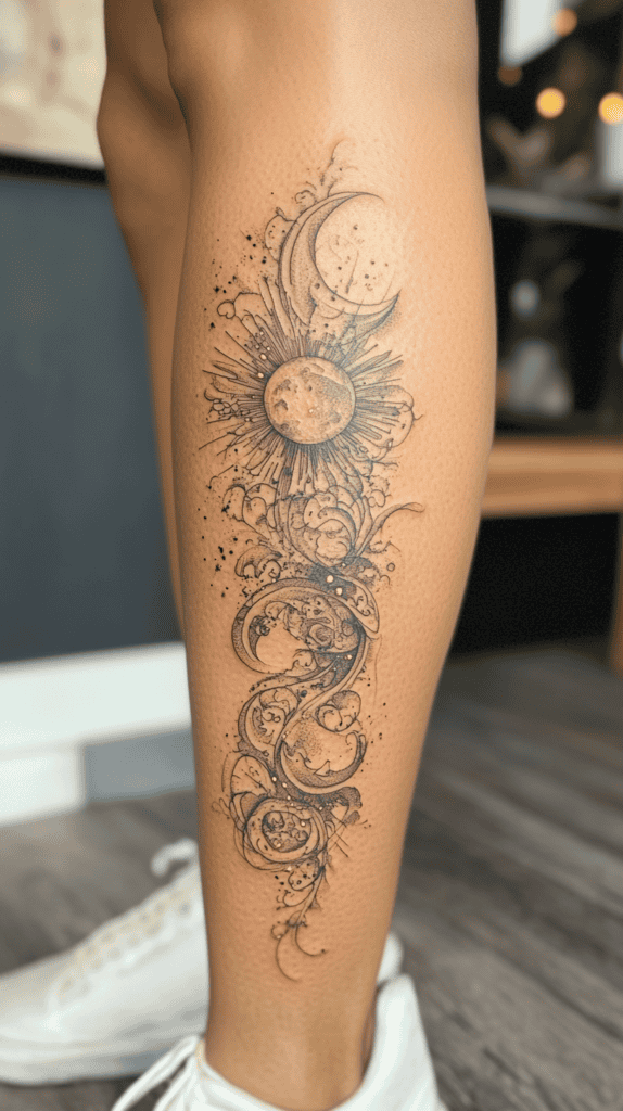32 Gorgeous Female Leg Sleeve Tattoos 29 Celestial Sun and Moon