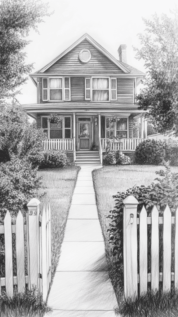 Explore 19 House Drawing Ideas That Blend Imagination with Reality 31 Charming Suburban Haven 2