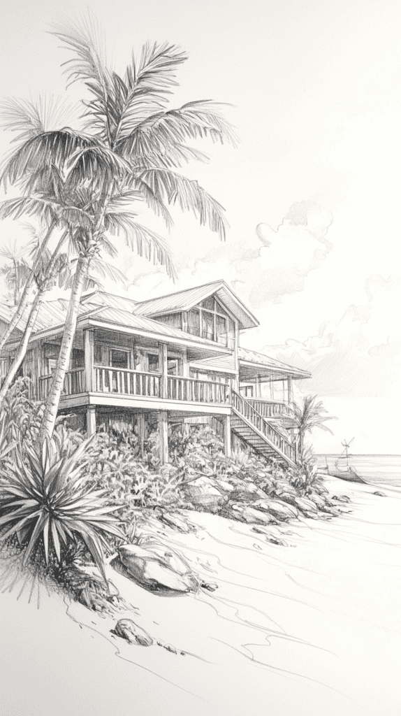 Explore 19 House Drawing Ideas That Blend Imagination with Reality 21 Coastal Beach House 3