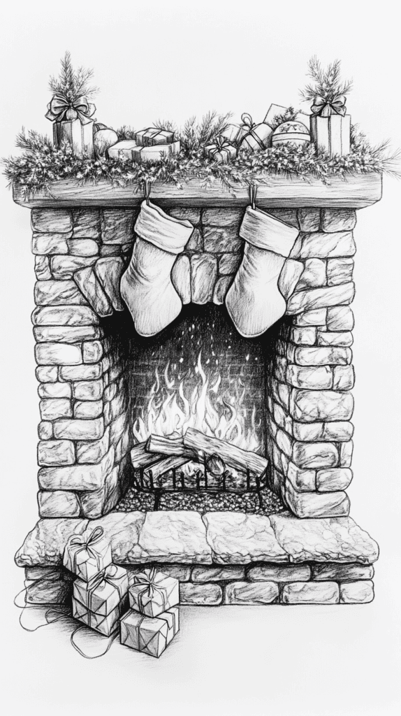 15 Christmas Drawing Ideas to Try This Holiday Season 5 Cozy Fireplace with Stockings 2