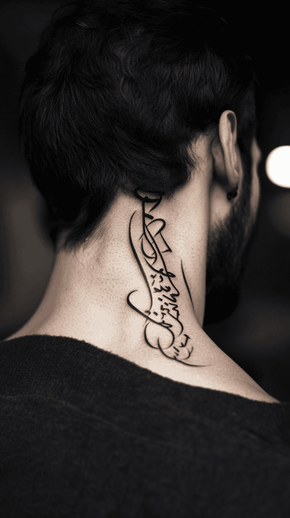 15 Neck Tattoo Ideas for Men Worth Considering 24 Cultural Calligraphy 2