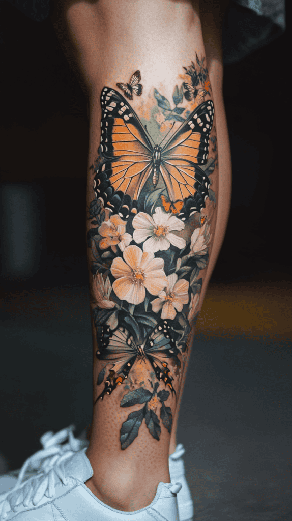 32 Gorgeous Female Leg Sleeve Tattoos 10 Ethereal Butterfly Garden 2