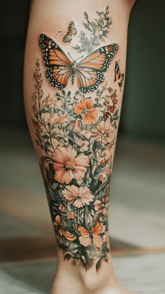 32 Gorgeous Female Leg Sleeve Tattoos 9 Ethereal Butterfly Garden