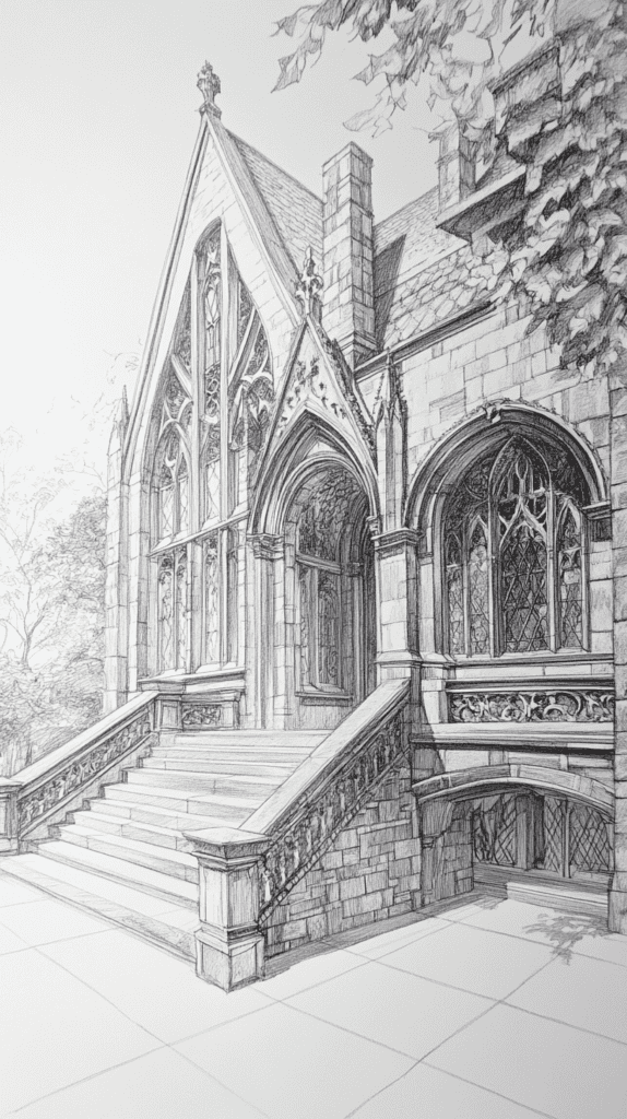 Explore 19 House Drawing Ideas That Blend Imagination with Reality 28 Gothic Revival Grandeur 2