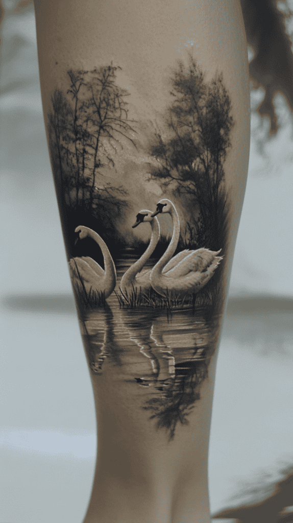 32 Gorgeous Female Leg Sleeve Tattoos 32 Graceful Swan Lake 2