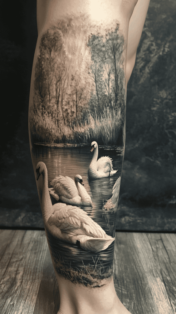 32 Gorgeous Female Leg Sleeve Tattoos 31 Graceful Swan Lake