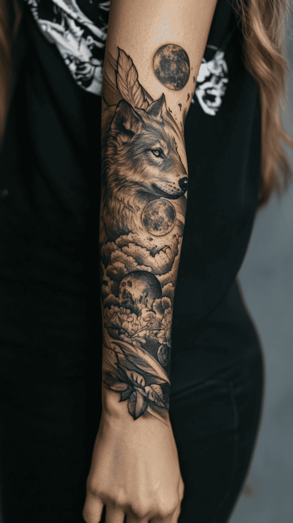 Explore 15 Female Wolf Tattoos That Symbolize Power and Grace 36 Lunar Phases 1