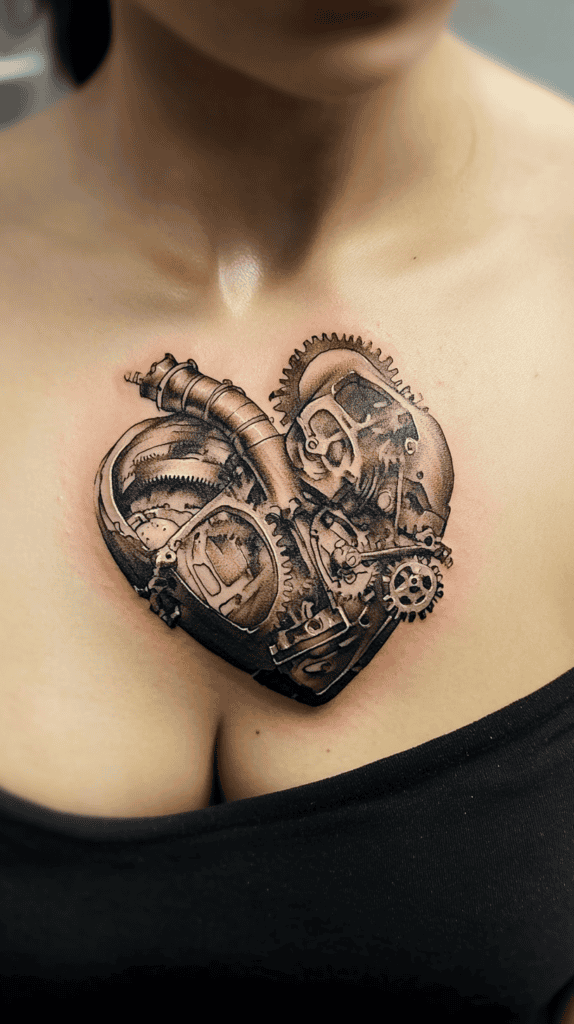 20 Edgy Grunge Tattoo Ideas for Women Who Break the Rules 36 Mechanical Heart 2