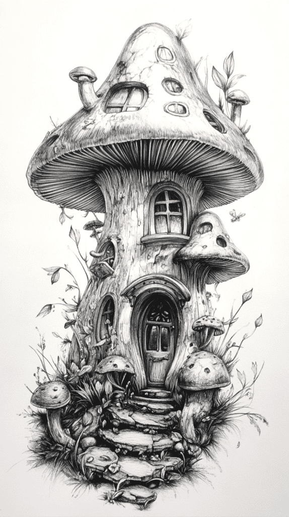 Mushroom Artistry: 17 Unique Drawing Ideas to Spark Your Imagination 13 Mushroom House Fantasy 2