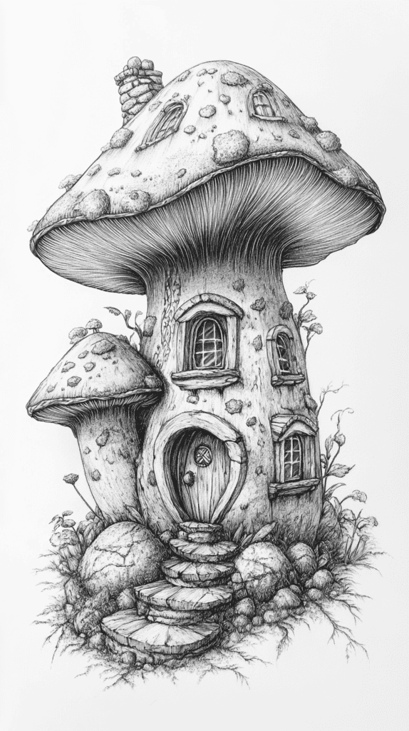 Mushroom Artistry: 17 Unique Drawing Ideas to Spark Your Imagination 12 Mushroom House Fantasy