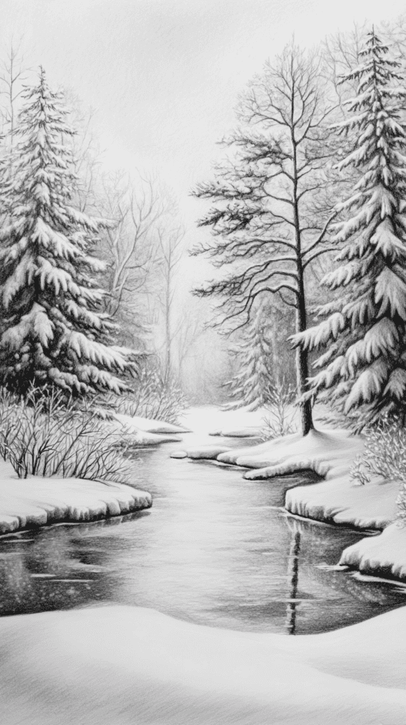 15 Christmas Drawing Ideas to Try This Holiday Season 36 Peaceful Winter Landscape 3
