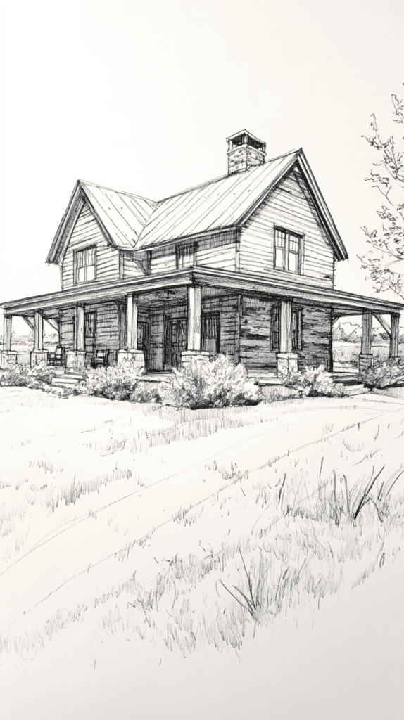 Explore 19 House Drawing Ideas That Blend Imagination with Reality 9 Rustic Farmhouse Retreat 2