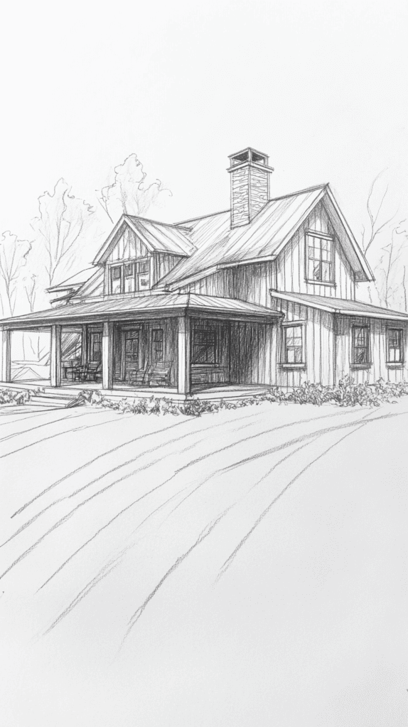 Explore 19 House Drawing Ideas That Blend Imagination with Reality 10 Rustic Farmhouse Retreat 3