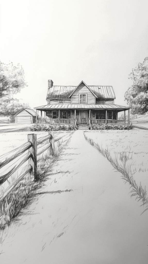 Explore 19 House Drawing Ideas That Blend Imagination with Reality 8 Rustic Farmhouse Retreat
