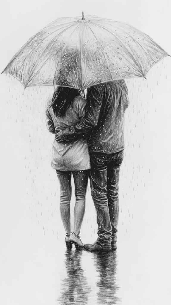 Unlock Your Heart: 18 Romantic Drawing Ideas That Capture Love Perfectly 19 Shared Umbrella in the Rain