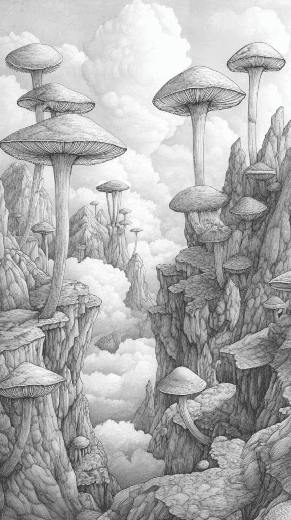 Mushroom Artistry: 17 Unique Drawing Ideas to Spark Your Imagination 34 Surreal Floating Mushrooms 2