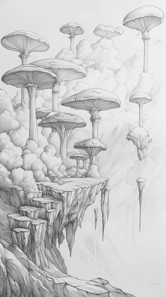 Mushroom Artistry: 17 Unique Drawing Ideas to Spark Your Imagination 35 Surreal Floating Mushrooms 3
