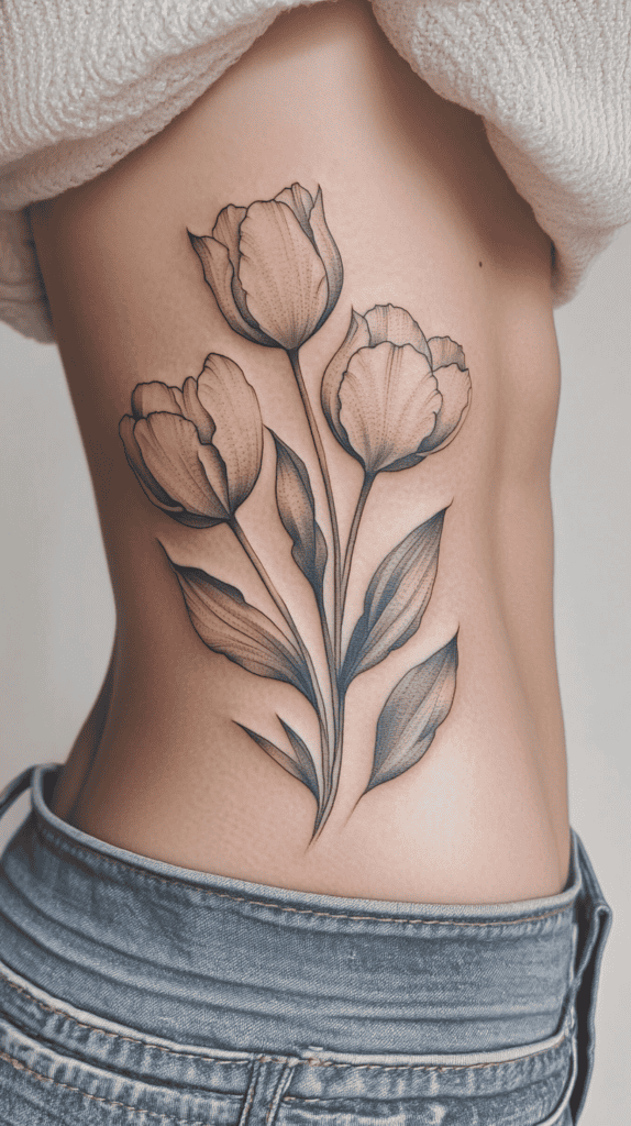 17 Flower Tattoo Ideas That Empower Women with Every Petal and Thorn 37 Tulip of Grace and Charm 2