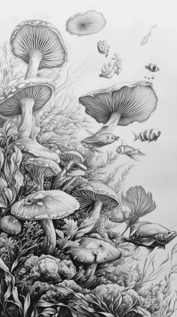 Mushroom Artistry: 17 Unique Drawing Ideas to Spark Your Imagination 31 Underwater Mushroom World 2