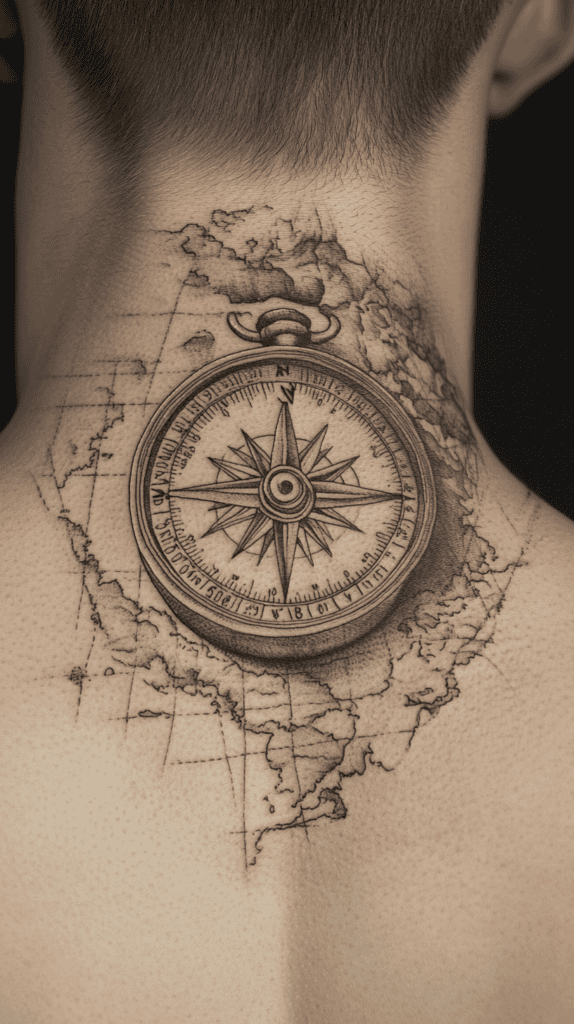 15 Neck Tattoo Ideas for Men Worth Considering 12 Vintage Compass and Map 2