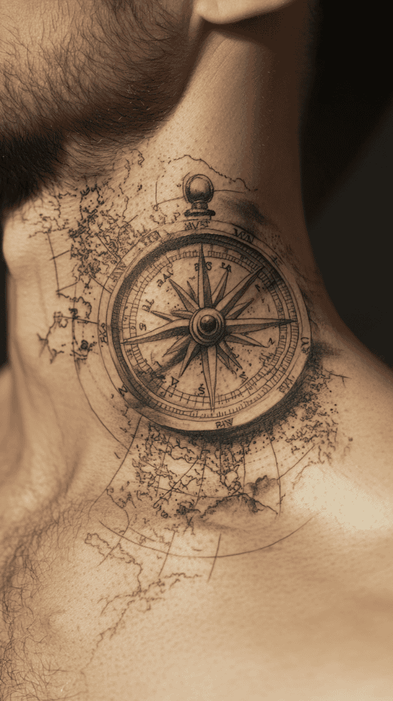 15 Neck Tattoo Ideas for Men Worth Considering 11 Vintage Compass and Map