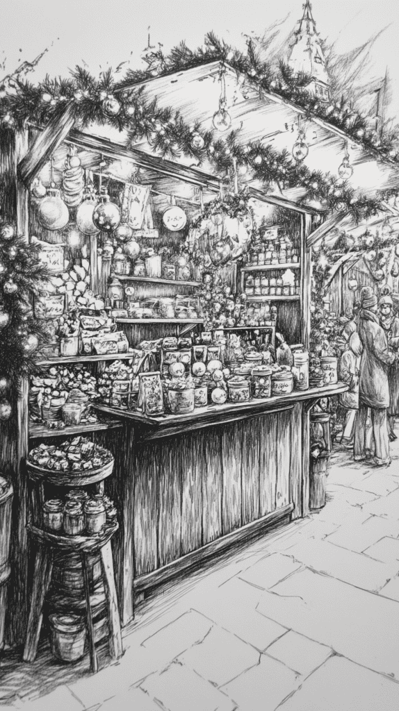 15 Christmas Drawing Ideas to Try This Holiday Season 24 Whimsical Christmas Market Stall 2