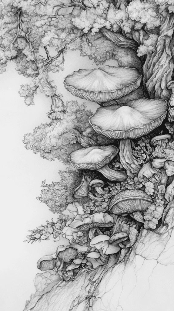 Mushroom Artistry: 17 Unique Drawing Ideas to Spark Your Imagination 11 Woodland Scene with Mushrooms 2