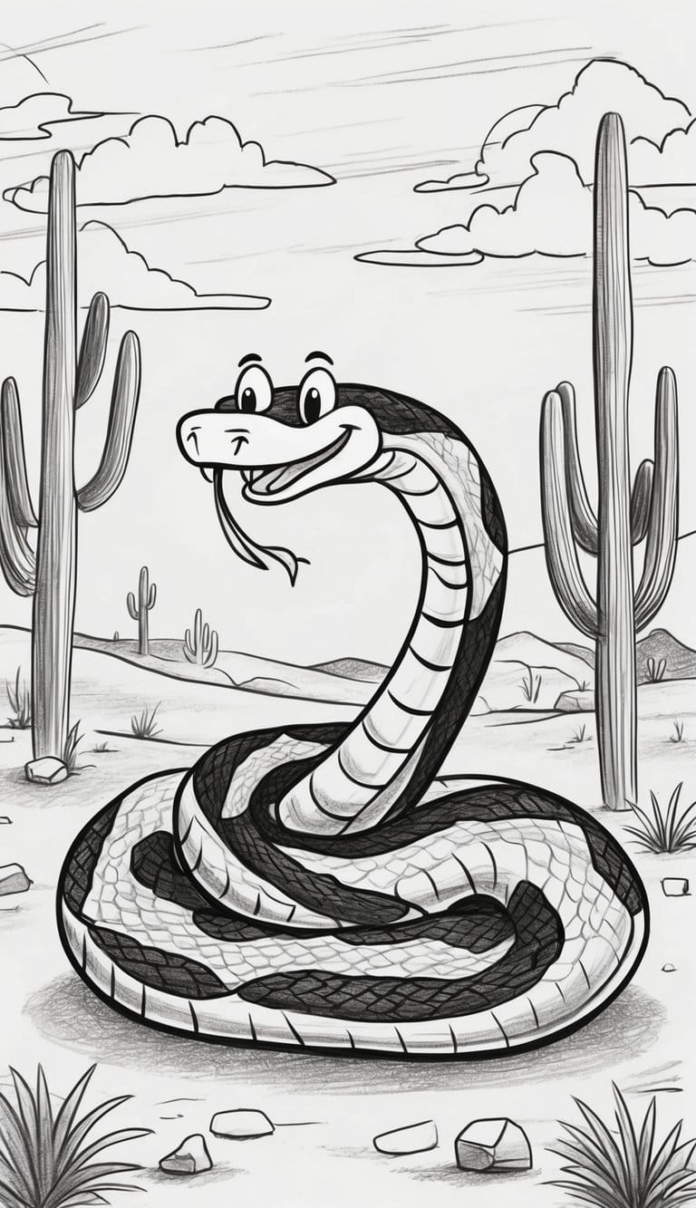 18 Snake Drawing Ideas to Slither Into Your Sketchbook 3 A cartoon rattlesnake coiled and ready to strike in a desert setting