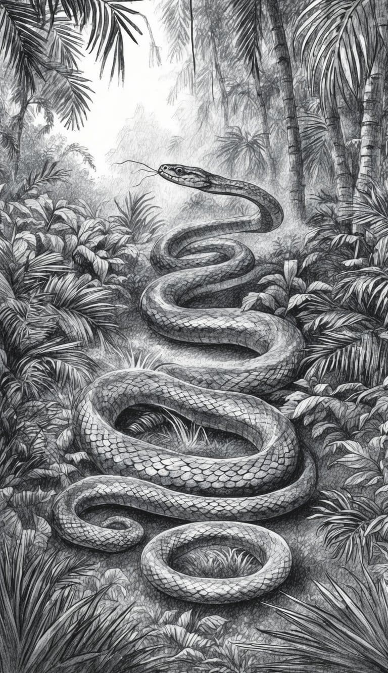 18 Snake Drawing Ideas to Slither Into Your Sketchbook 8 A sinuous serpent winds through a lush jungle, its scales glinting in the dappled sunlight as it slithers gracefully through the underbrush