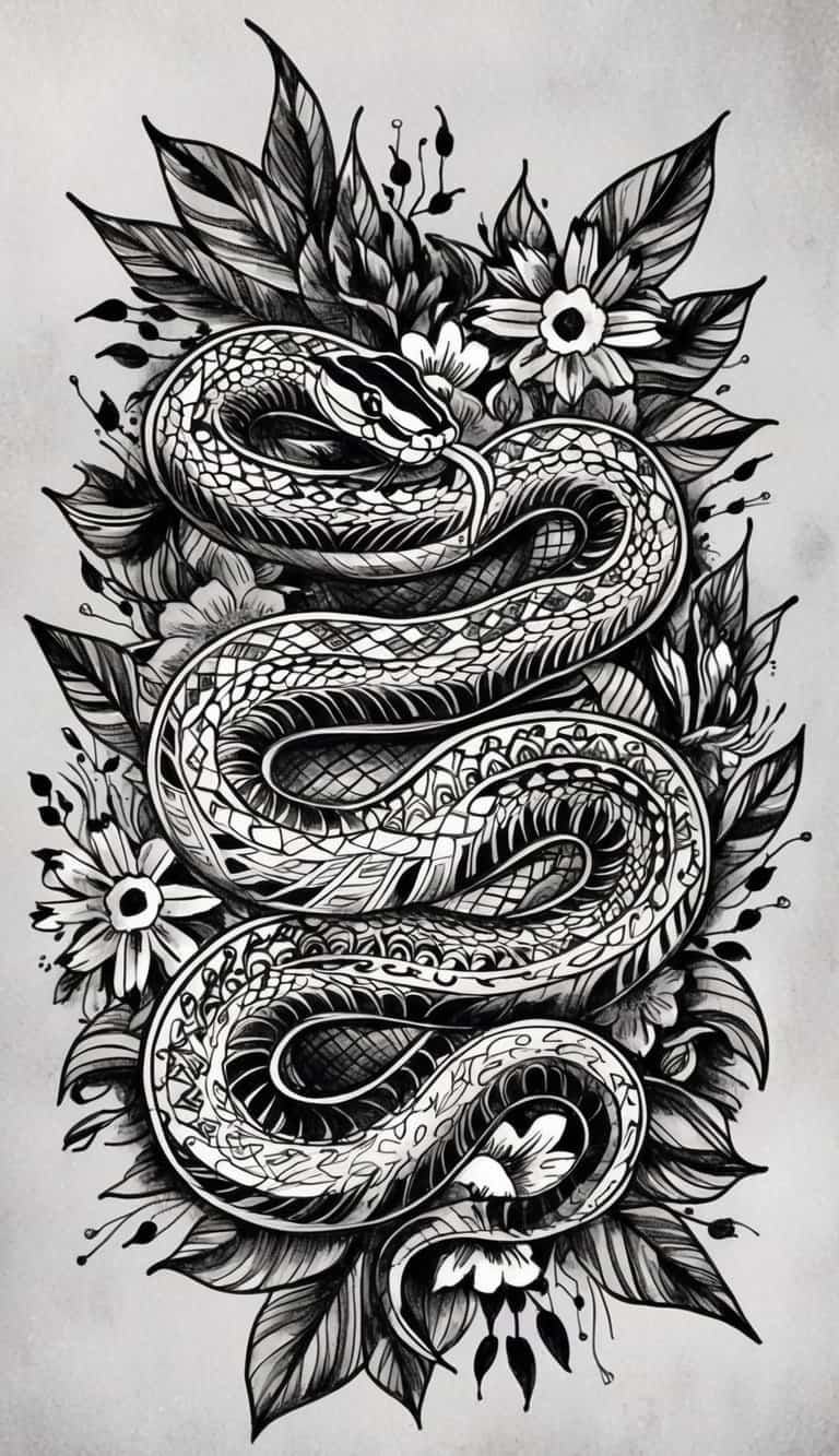 18 Snake Drawing Ideas to Slither Into Your Sketchbook 9 A coiled snake with intricate patterns and bold colors, surrounded by vibrant flowers and leaves, creating a dynamic and eye-catching tattoo-style design