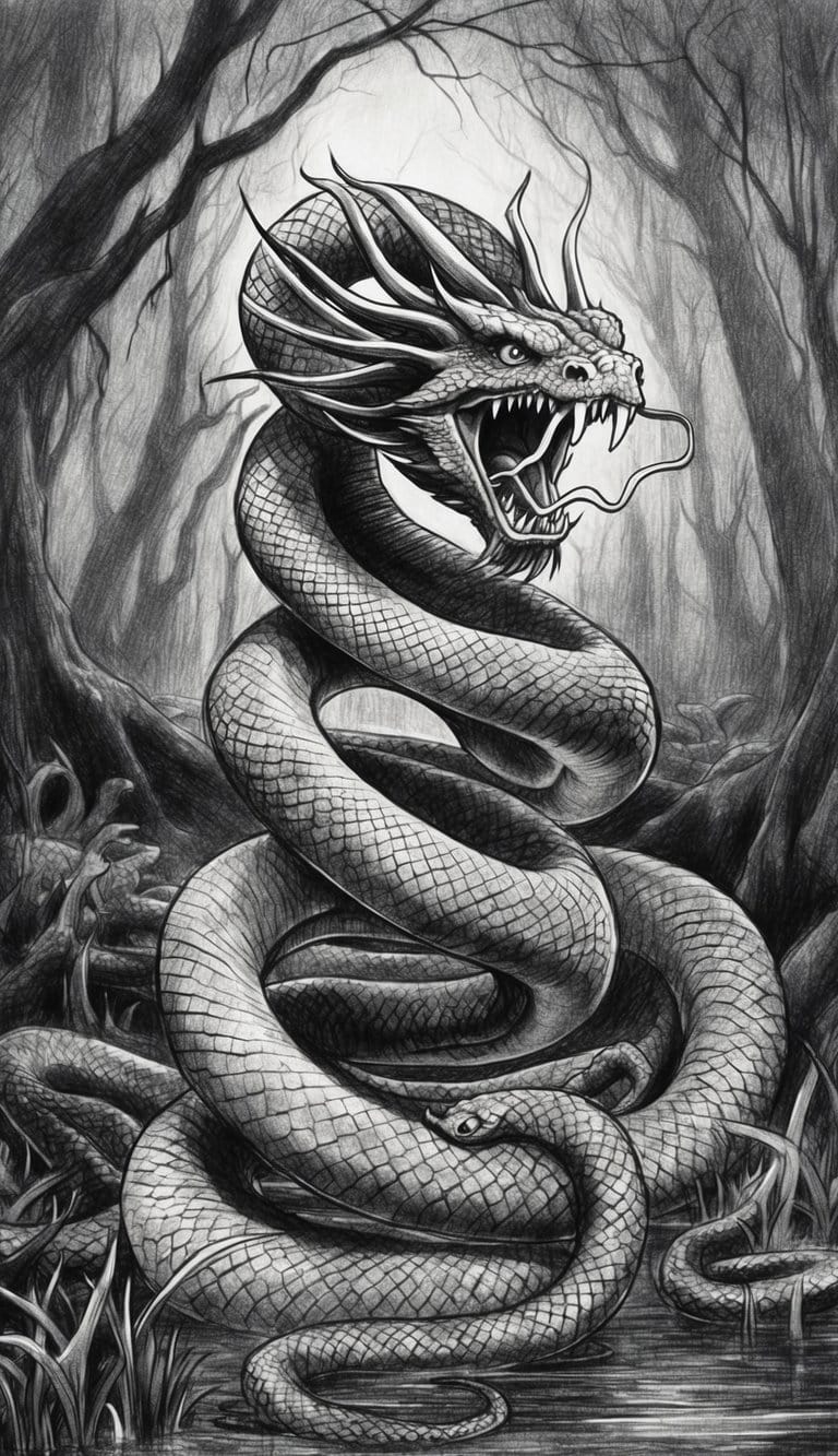 18 Snake Drawing Ideas to Slither Into Your Sketchbook 14 A monstrous Hydra with 18 intertwining serpentine heads, coiled and poised to strike in a dark, foreboding swamp