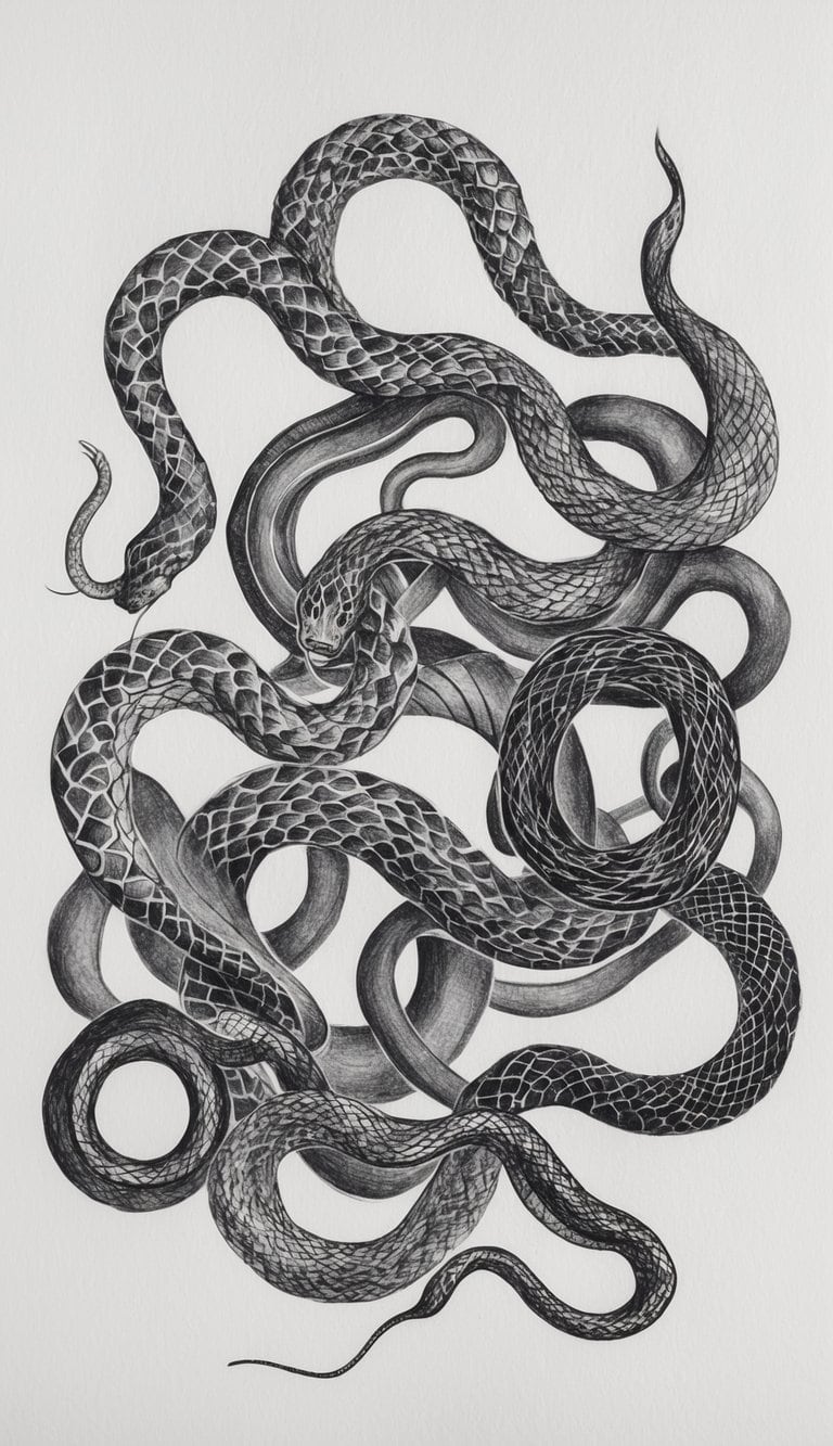 18 Snake Drawing Ideas to Slither Into Your Sketchbook 17 A collection of abstract snake shapes intertwining in a vibrant and dynamic composition