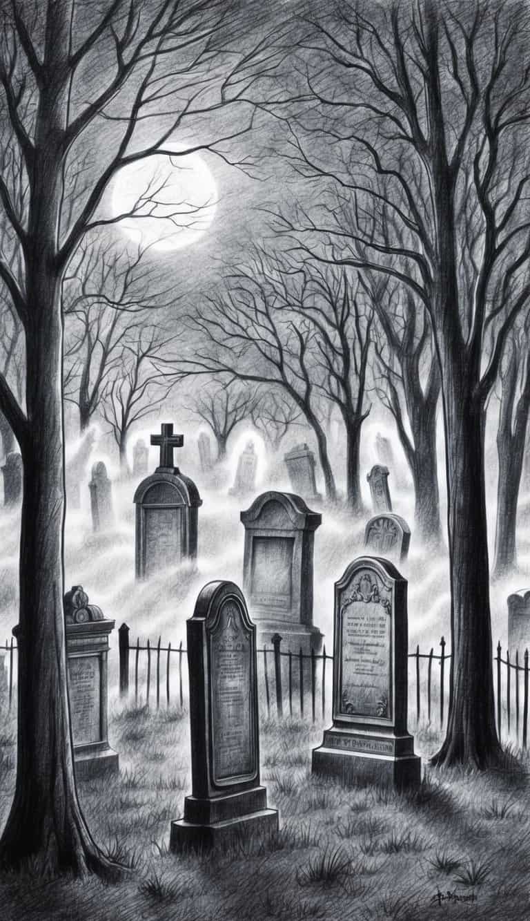 An abandoned graveyard at midnight, with fog swirling around old tombstones and eerie, translucent figures floating among the trees