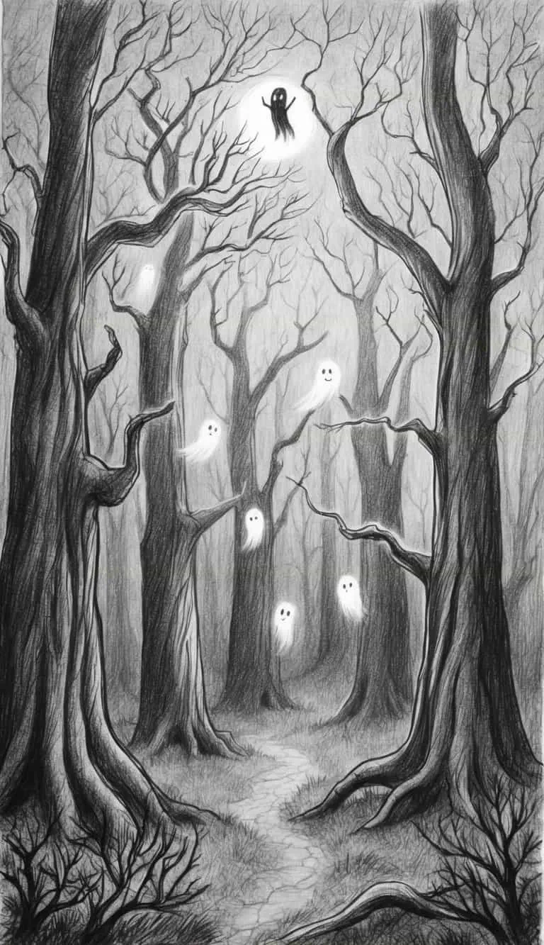 A misty forest at night, with gnarled trees and glowing ghostly figures floating among the branches