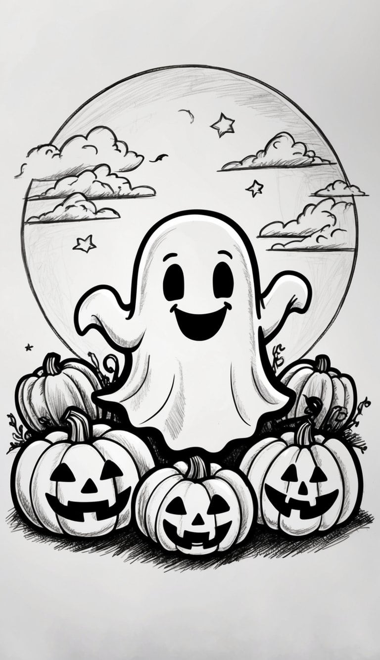 A cute ghost surrounded by pumpkins, smiling and floating in the moonlight