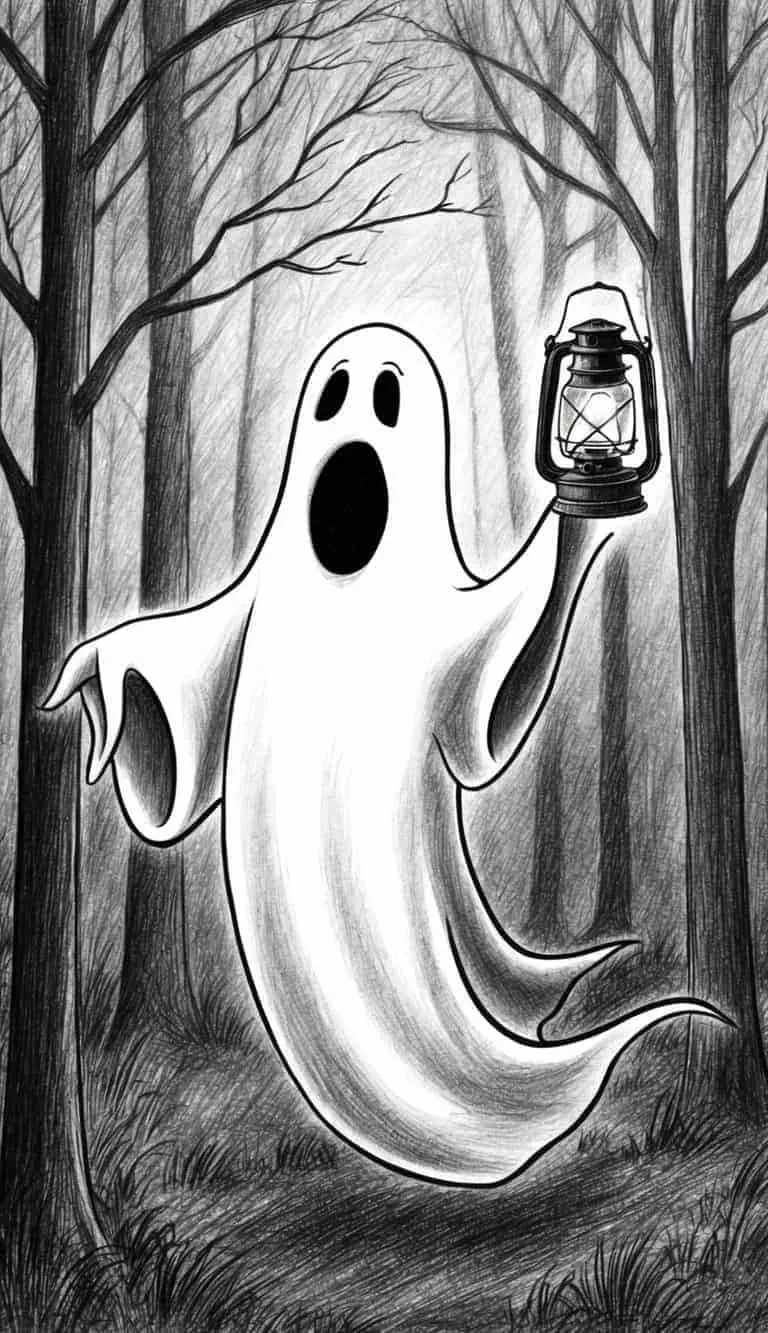 A ghost holding a lantern, floating in a dark, misty forest