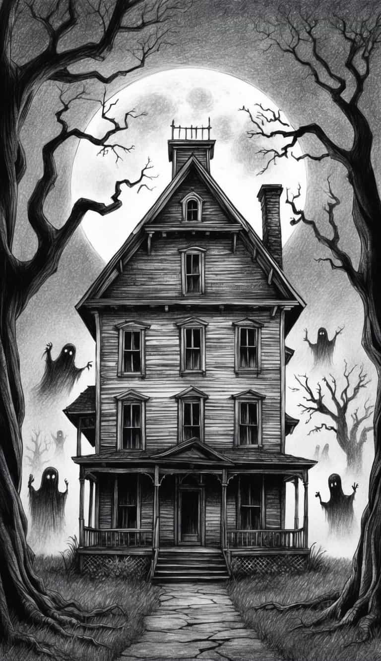 An old, decrepit haunted house stands tall against a full moon, surrounded by eerie, twisting trees and a thick fog. Ghostly figures float around the house, creating an ominous and haunting atmosphere