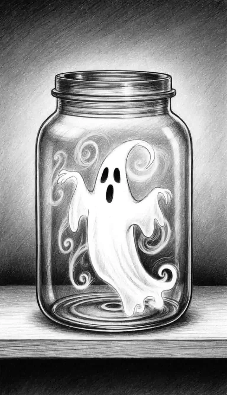 A glass jar sits on a dusty shelf, containing a faintly glowing ghostly figure. The ghost appears to be floating inside the jar, its ethereal form swirling and flickering