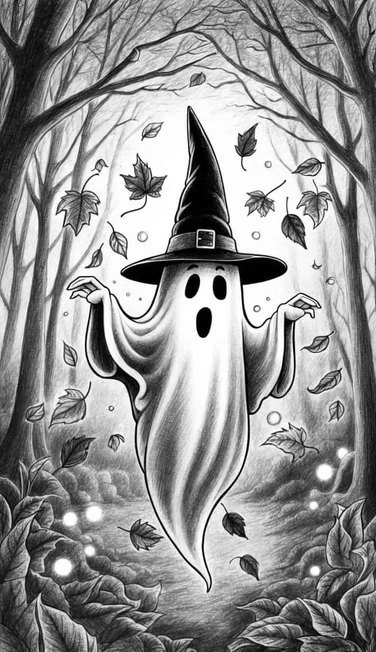 A ghost wearing a pointed witch hat, floating in a misty forest at night, surrounded by swirling leaves and glowing orbs