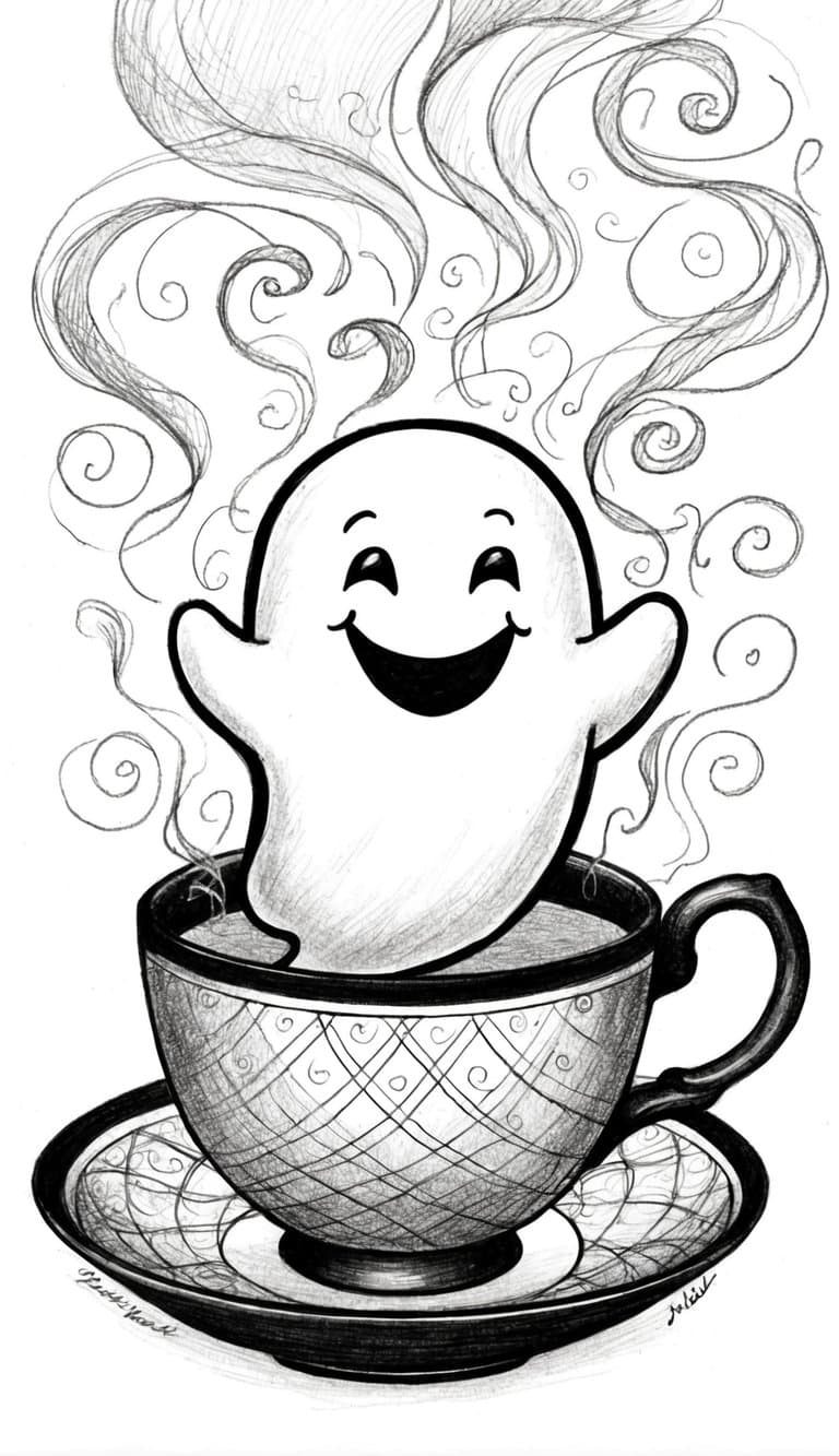 A smiling ghost happily floats inside a teacup, surrounded by swirling steam and delicate patterns