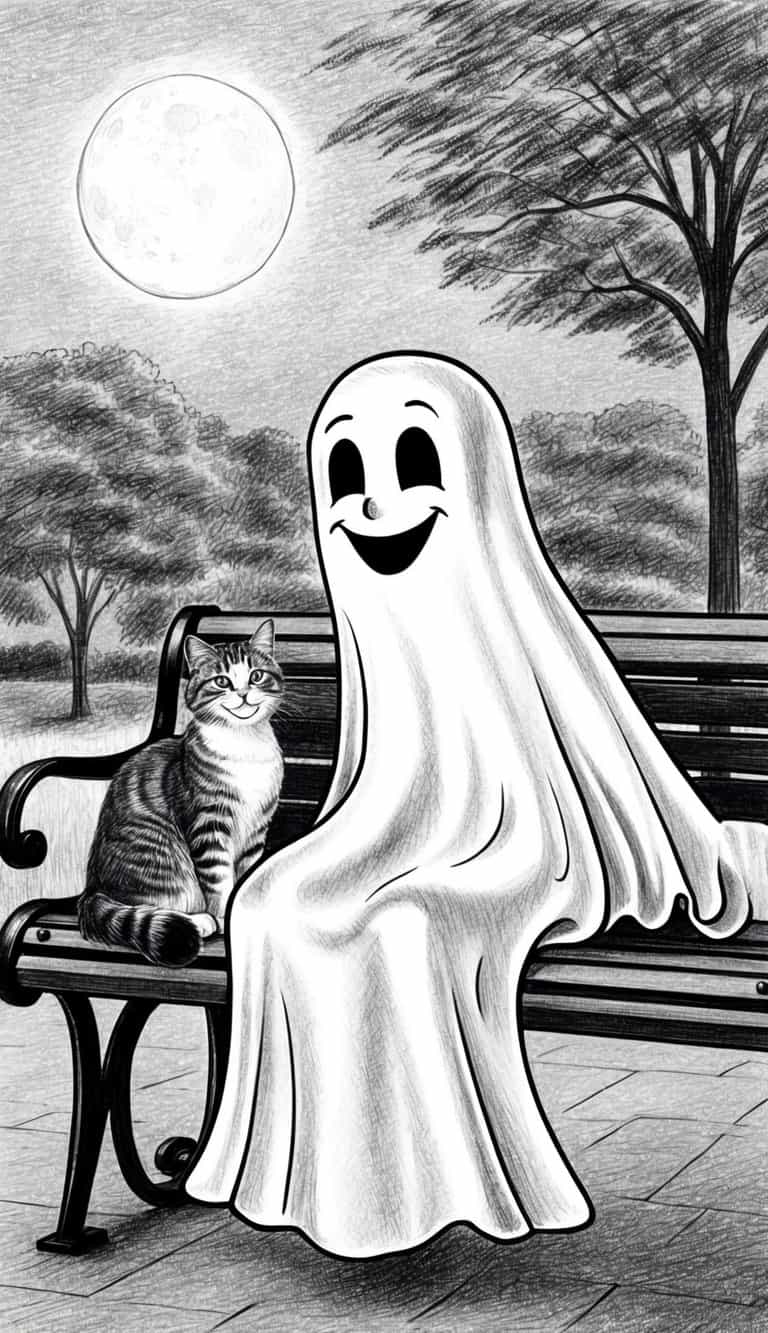 A translucent ghost sits on a park bench, smiling as a friendly cat nuzzles against its side. The moonlight casts a soft glow on the peaceful scene