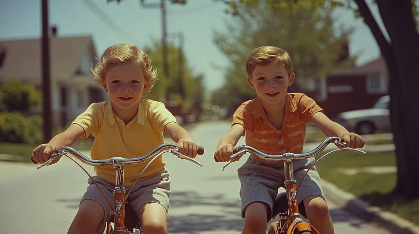 A group of children riding bikes, showcasing 1960s outdoor activities before video games.