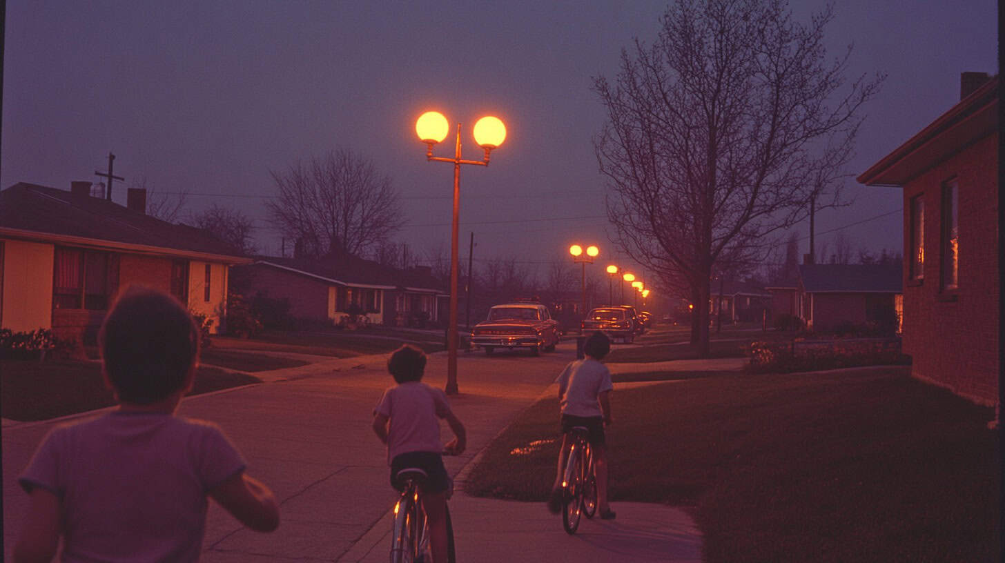 A nostalgic image of kids playing outside, embodying the "street lights" curfew rule.
