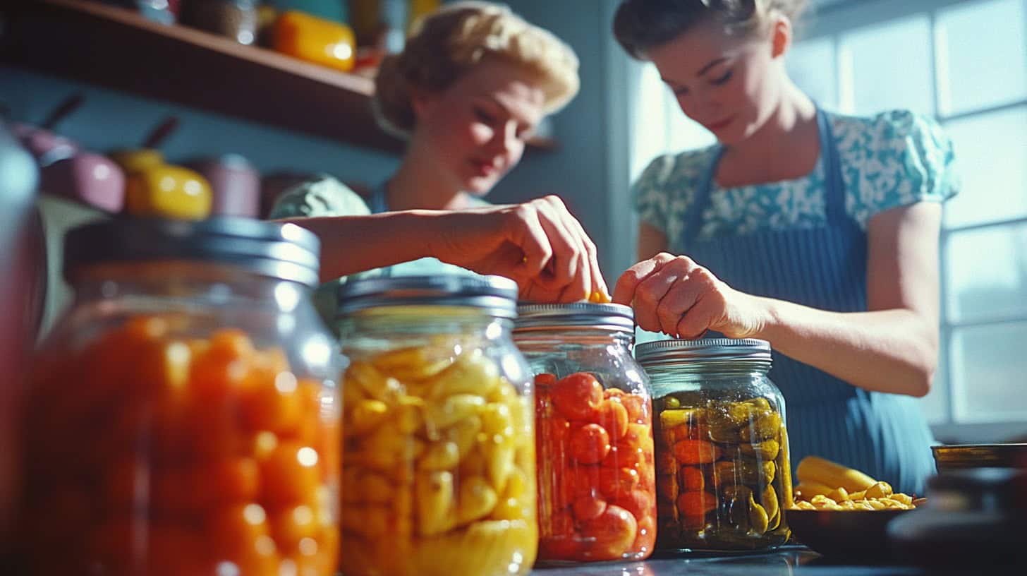 Life Skills Our Generation Mastered That Barely Exist Anymore 12 A vintage image showcasing parents mastering food preservation techniques relevant today.